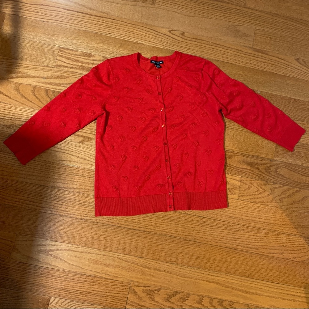 Red Cardigan Sweater with Heart Shaped Design